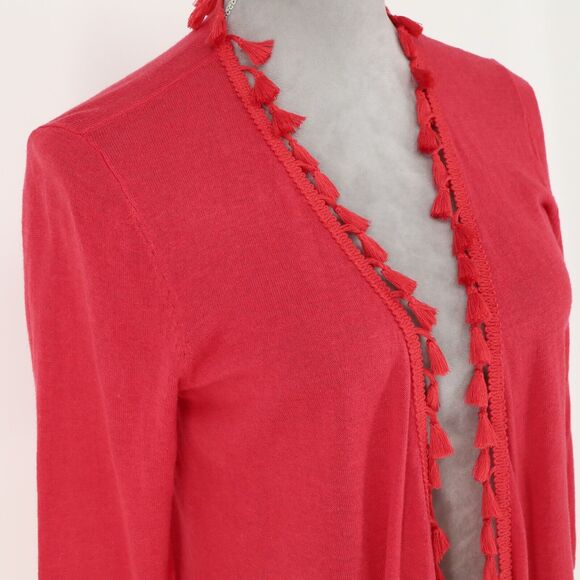 Chicos Sweater 0 Womens 4 Small Red Long Cardigan Tassel Trim Linen Cotton Blend - Picture 6 of 12